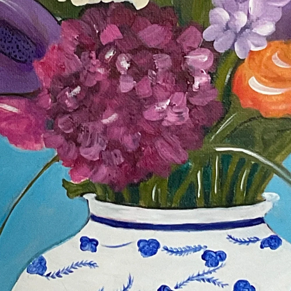 Original Artwork Bright Floral and Still Life Painting With Blue and White Vase - Picture 6 of 7